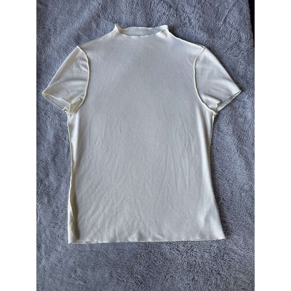 Vero Moda Cream Ribbed Mock Neck Short Sleeve Top Exposed Seam Off White Large